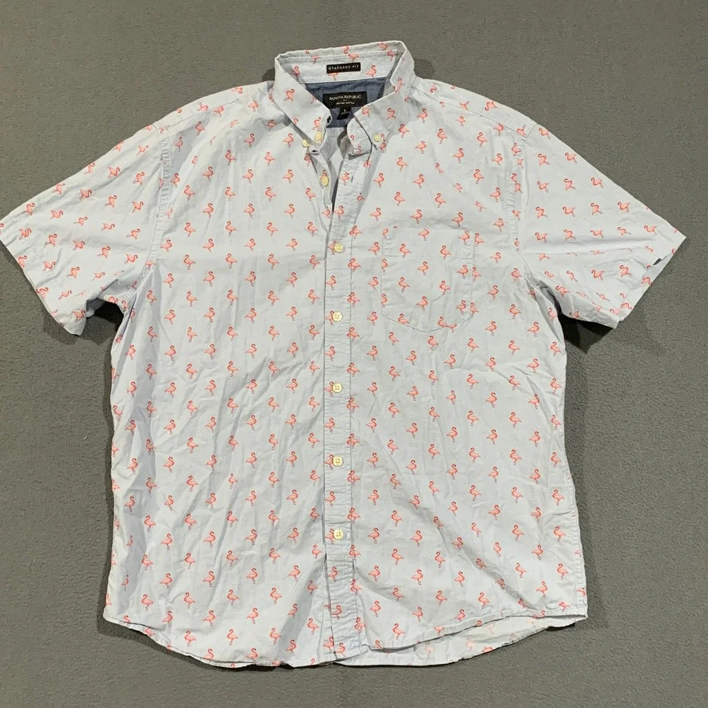 Banana Republic Flamingo Shirt Mens Large Standard Fit Blue Cotton Short Sleeve